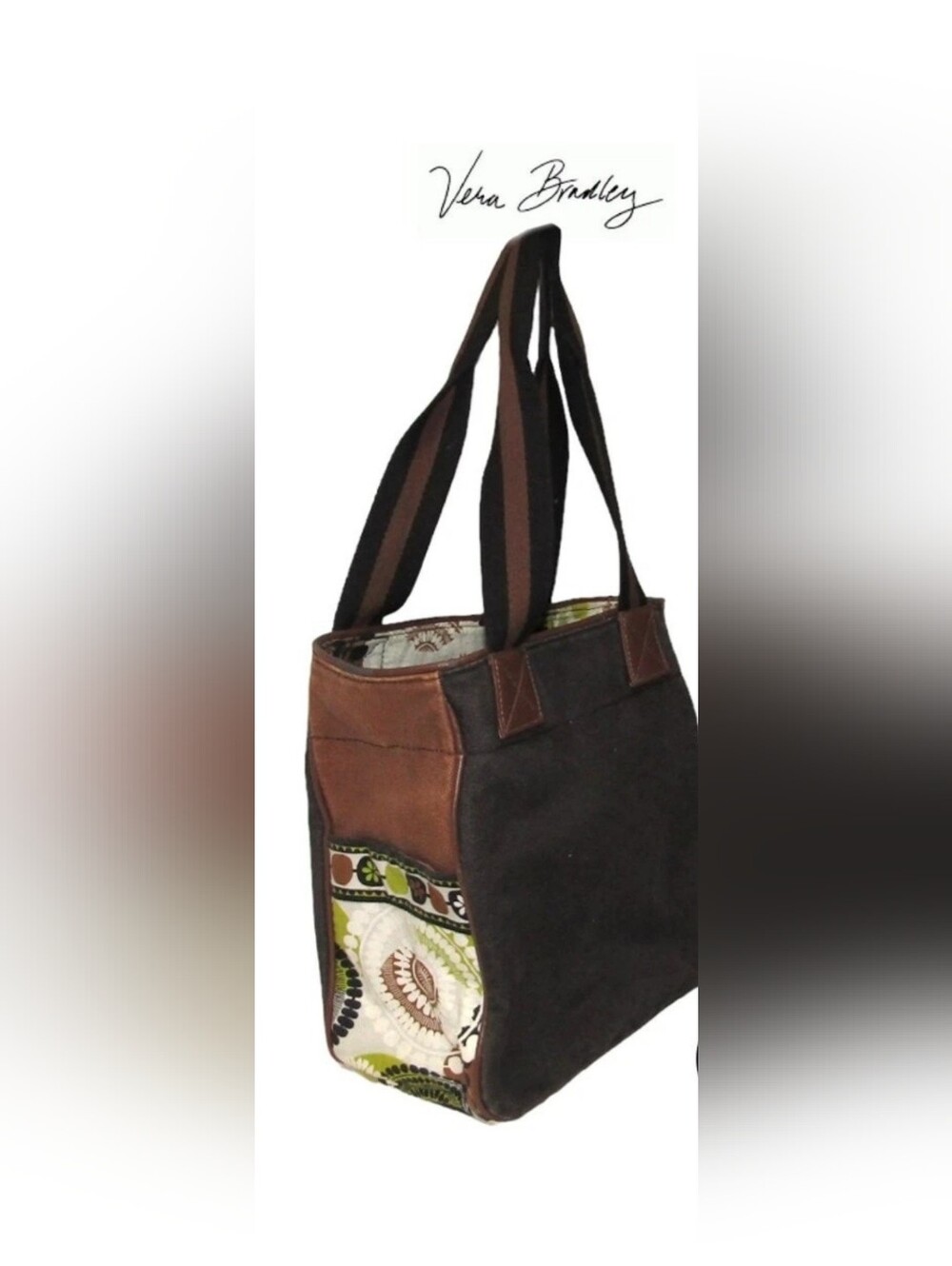 Vera Bradley Retired Cocoa Moss Colorblock Canvas Tote Bag Great Condition